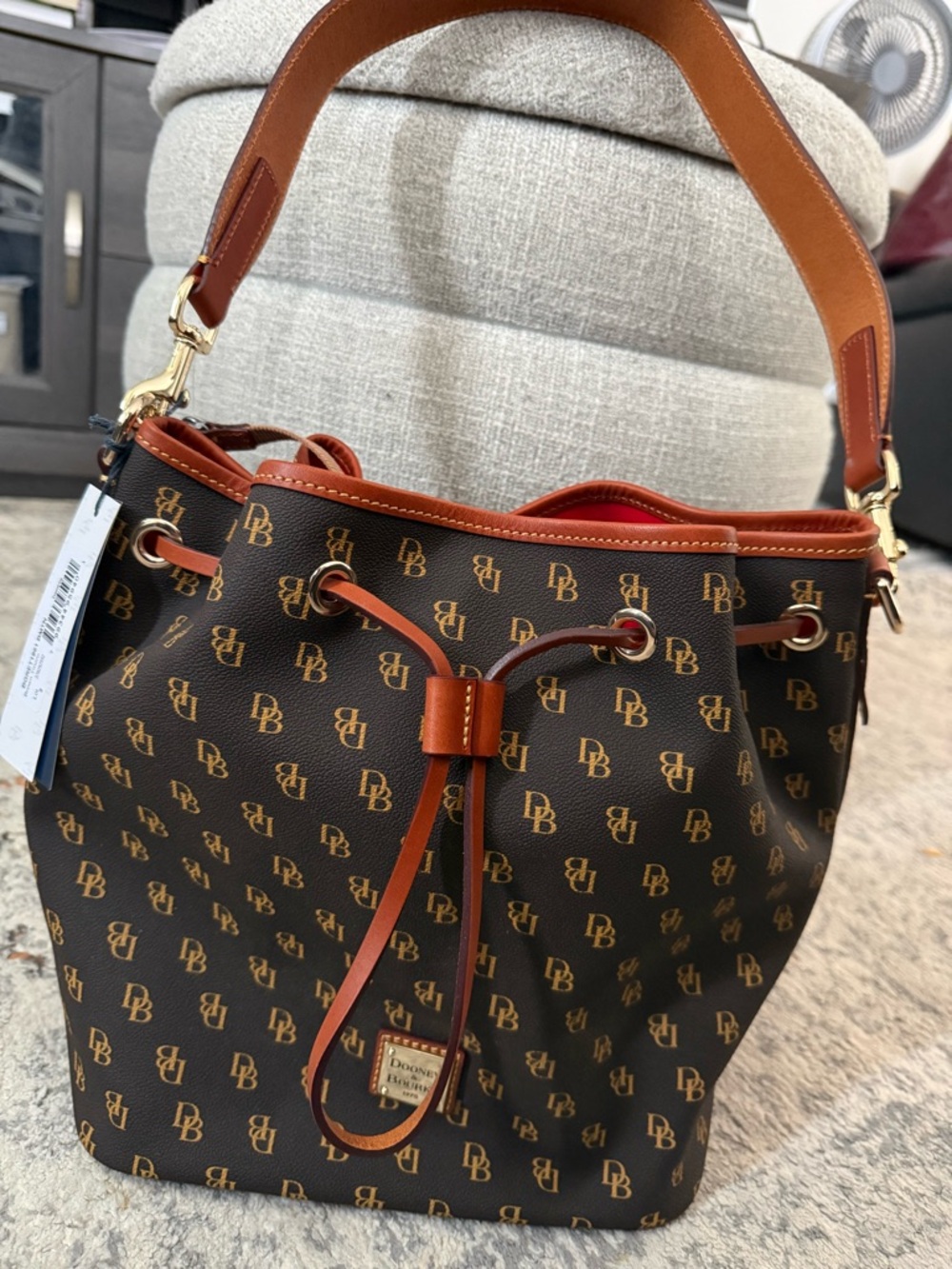 NWT Dooney & Bourke Brown and Tan Signature Drawstring Bucket Bag
